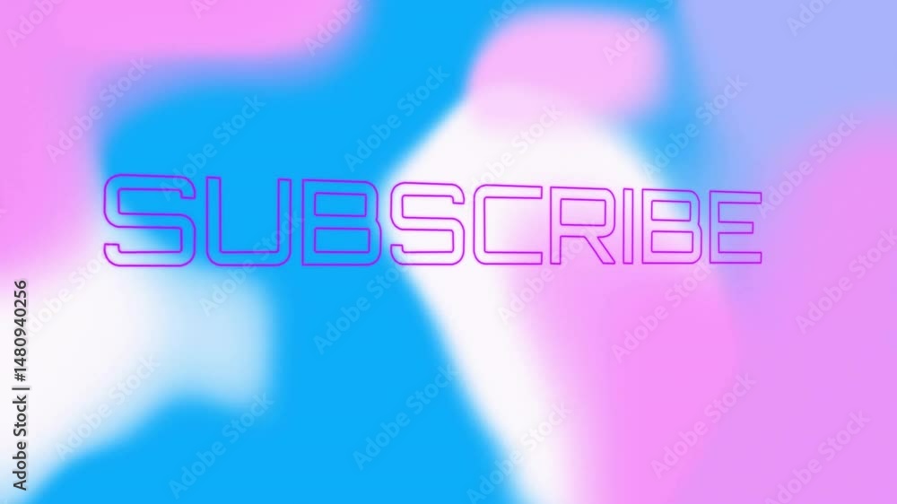 Poster neon purple outlined subscribe text floating over pastel gradient shapes in flat design background