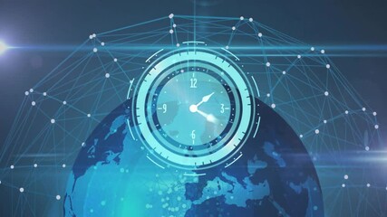 3D holographic clock interface glowing over Earth globe, radiating network nodes and light streaks - Powered by Adobe