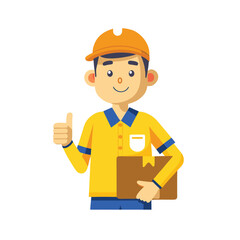A happy delivery person gives a thumbs-up while holding a package.