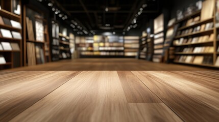 Empty wooden table in blurred retail store background product display mockup