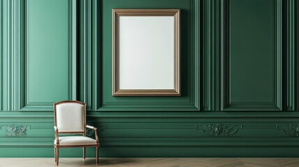 Empty frame on green wall with chair.