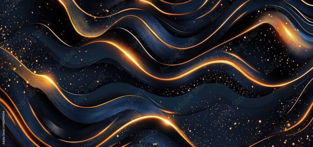 Poster elegant golden waves gracefully flow across a dark background. creating a luxurious atmosphere with 