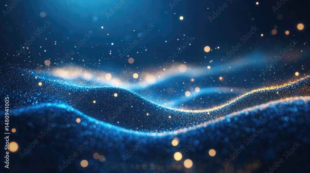 Poster a mesmerizing abstract representation of shimmering waves of golden and blue particles flowing grace