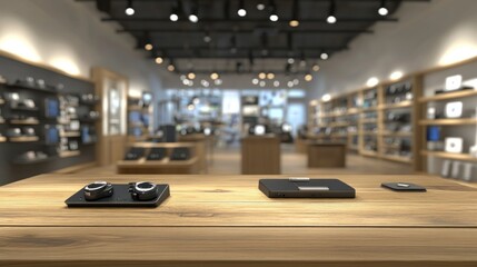 Sleek black electronics on wooden display in modern store