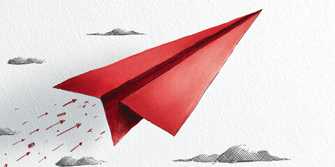 Red paper airplane in flight, surrounded by small arrows symbolizing progress, speed, and achievement
