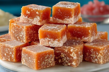 Tower of Crunchy Caramel Squares Dusting Sugar