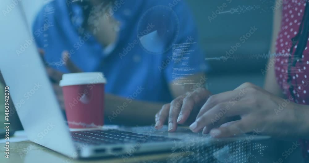 Poster coworkers typing laptop and holding phone in tech office with code and data charts floating