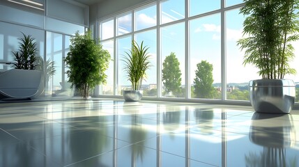 Fototapeta premium Modern Office Lobby with Large Windows and Plants