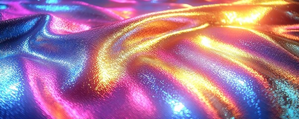Vibrant, iridescent fabric flows in dynamic waves, exhibiting a spectrum of colors from deep blues and pinks to warm oranges and yellows, creating an abstract, mesmerizing texture