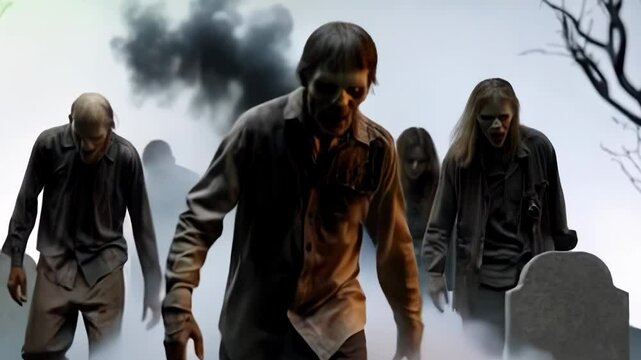 Zombie horde emerges from graveyard during eerie night in abandoned town