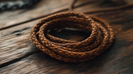 Obraz premium Braided cord rustic texture brown and tan wooden background natural material close up view