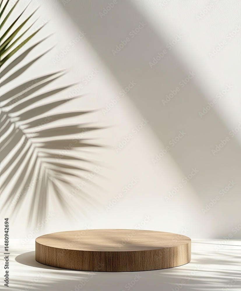 Poster a minimalist wooden display platform set against a softly lit background. with delicate palm shadows