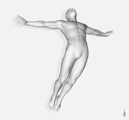 Leadership, freedom or development concept. Jumping man. 3D human body model. Design for sport. Vector illustration composed of particles.