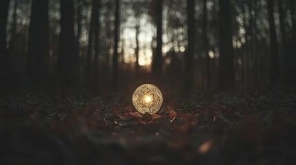 Glowing sphere in autumn forest at sunset mystical nature scene