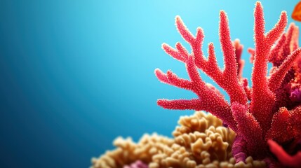 Vibrant red coral and yellow coral under the sea, set against a clear blue underwater background.