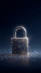 Sparkling padlock formed from particles on dark background, symbolizing digital security, data protection, and privacy