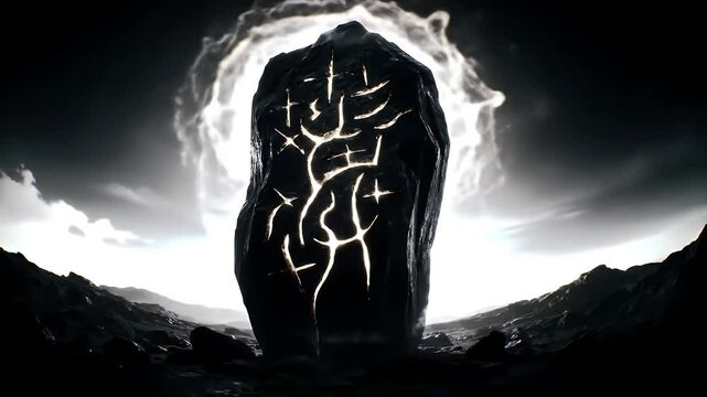 Glowing Stone Monolith With Symbols Against A Dark Moody Sky And Mountainous Backdrop