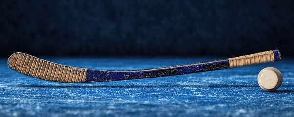 Worn hockey stick rests on ice, puck nearby.  Aged wood and blue paint show wear