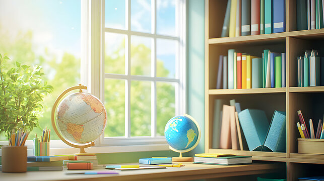 Serene study nook bathed in sunlight fostering academic exploration and global perspectives