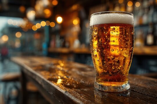 Refreshing beer in a glass with condensation, set against a blurred bar interior on a wet wooden surface, inviting atmosphere.