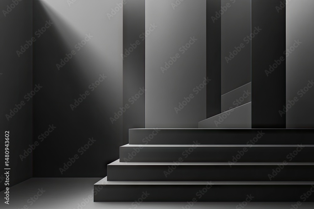Poster a minimalist interior space featuring a circular platform illuminated by a beam of light. with a sta