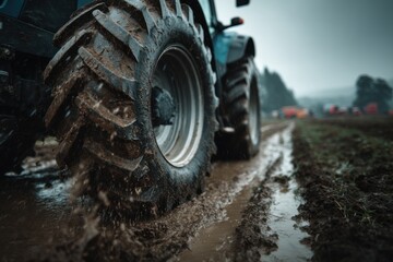 Tractor tires driving through muddy field, agricultural machinery closeup, farm vehicle working on dirty soil, countryside