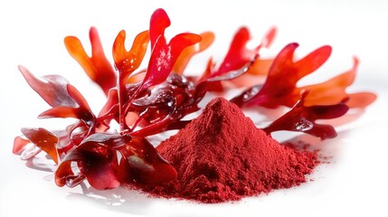 Astaxanthin Red Algae Powder and Seaweed Extract on White Background