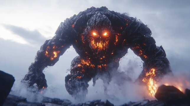 Fiery rock monster emerging from smoke dark fantasy illustration