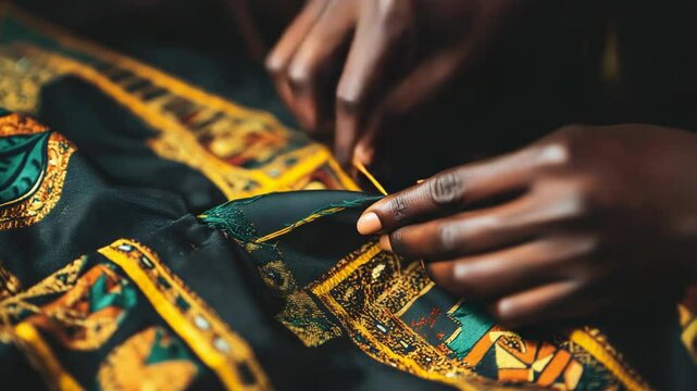 A close-up of skilled hands sewing intricate patterns on vibrant fabric, showcasing traditional craftsmanship and artistry.