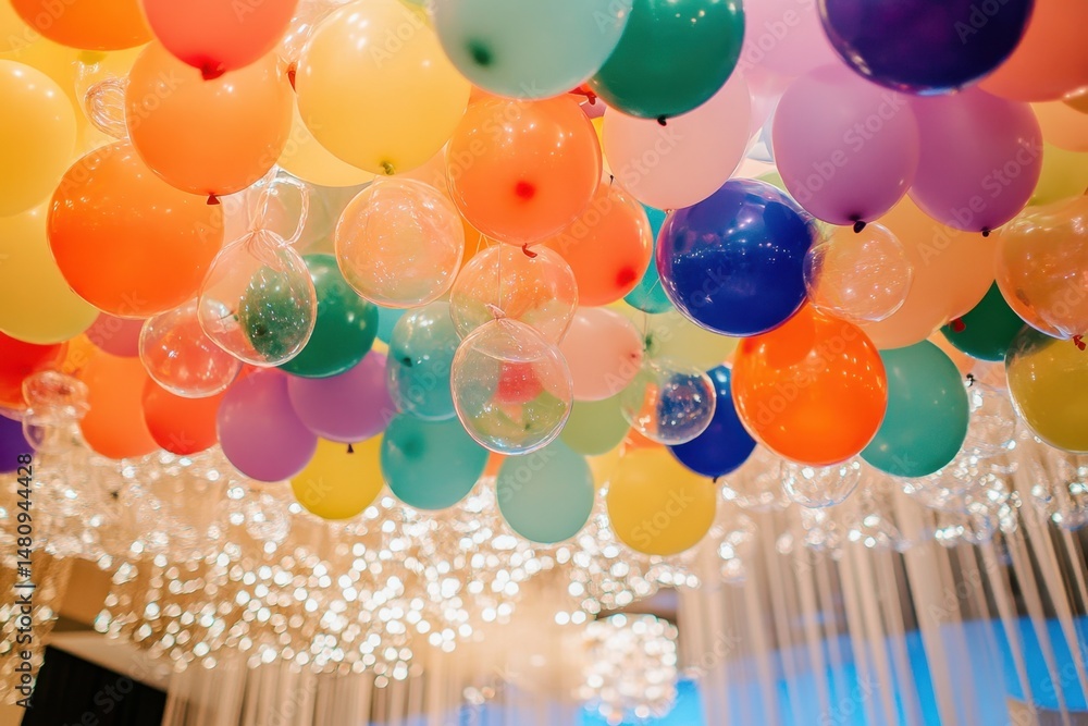 Poster colorful balloons in various colors floating from the ceiling, creating an atmosphere of celebration