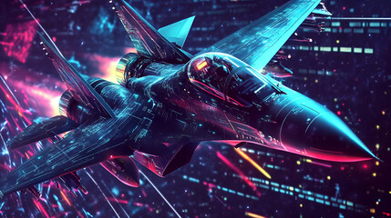 Futuristic Neon Jet Fighter in Digital Space