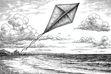 Black and White Artistic Drawing of Kite at Cloudy Beach with Nautical Theme Sketched in Simple Line Art