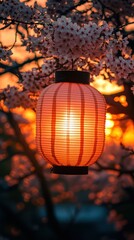 Obraz premium Japanese paper lantern at sunset among cherry blossoms