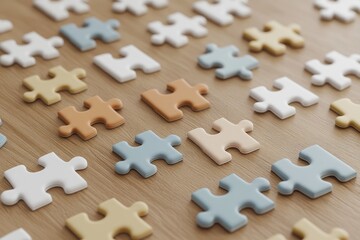 Obraz premium A colorful arrangement of interlocking puzzle pieces on a wooden surface. showcasing creativity and problem-solving. ideal for educational purposes or game design