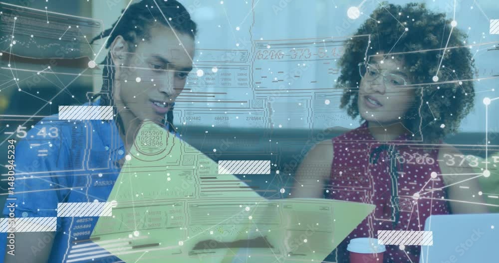 Poster two colleagues reviewing documents at conference table showing technology with network overlays
