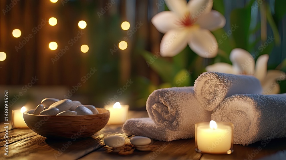 Poster a serene spa setting featuring soft towels. glowing candles. smooth stones. and blooming magnolia br