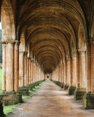 Obraz premium Long, arched colonnade pathway. Aged stone, grassy edges, leading to distant exit