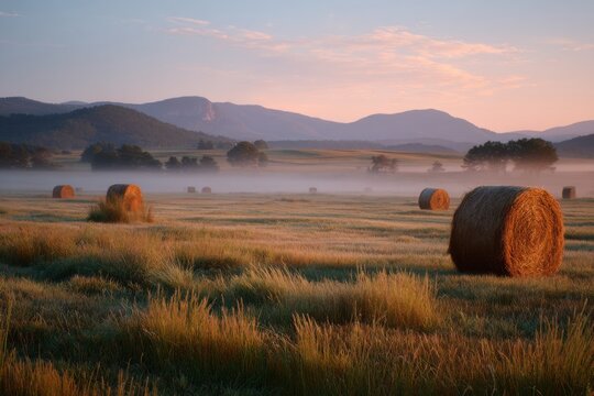 Scenic misty farmland landscape with rolled hay bales, meadow grasses and forested mountains at dawn