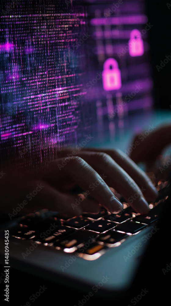 Poster close-up of hands typing on a keyboard, purple code and lock icons on screen, suggesting cybersecuri