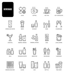 Set of Beverage Related Line Icons. Contains such Icons as coffee, tea, milk, beer, wine and more.