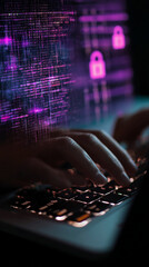 Close-up of hands typing on a keyboard, purple code and lock icons on screen, suggesting cybersecurity or data protection, a concept of digital security and privacy