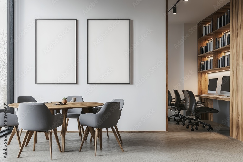 Poster modern office interior featuring two empty picture frames on the wall. surrounded by stylish furnitu