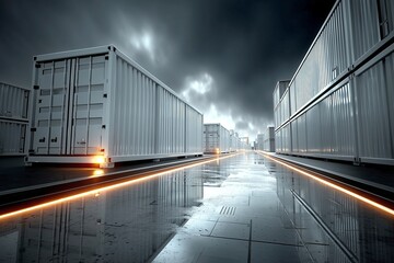 Industrial Elegance: A Symmetrical Path of Shipping Containers Under a Dramatic Sky