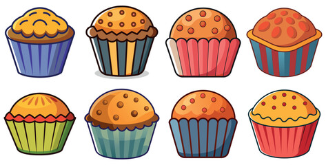 A vector set of sweet bakery food illustrations,cupcakes, and muffins, perfect for a cute birthday party celebration