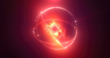 A fiery red and yellow cosmic sphere bursting with energy, light trails, and glowing particles