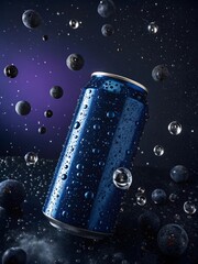 Blue metallic soda can with lemon slices and water splash on a yellow background