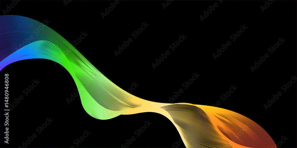 Poster elegant and dynamic abstract lines wavy flowing in polychromatic colors isolated on black background
