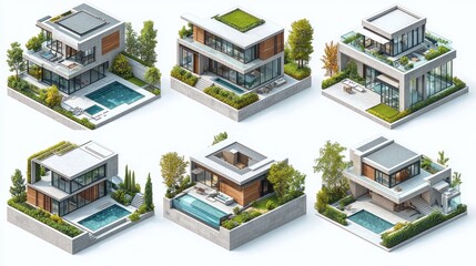 Six isometric renderings showcase modern homes featuring pools, landscaping, and rooftop terraces