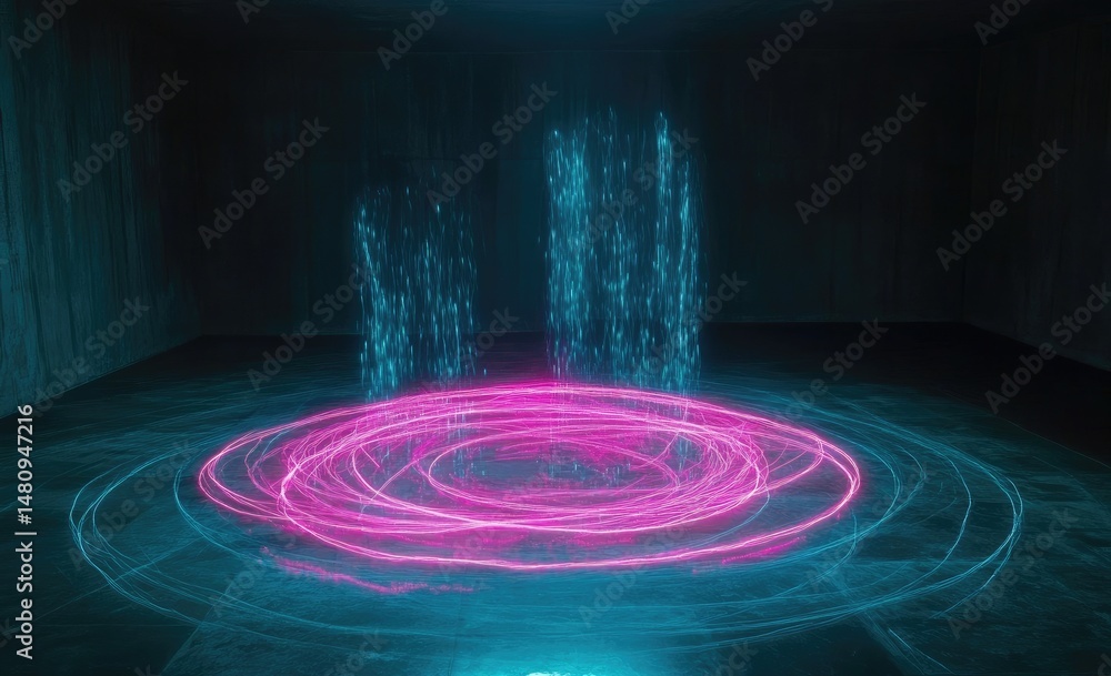 Poster a vibrant. glowing circular portal surrounded by colorful mist in a dark. atmospheric space. suggest