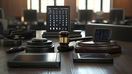 Gavel and Digital Devices on Wooden Desk